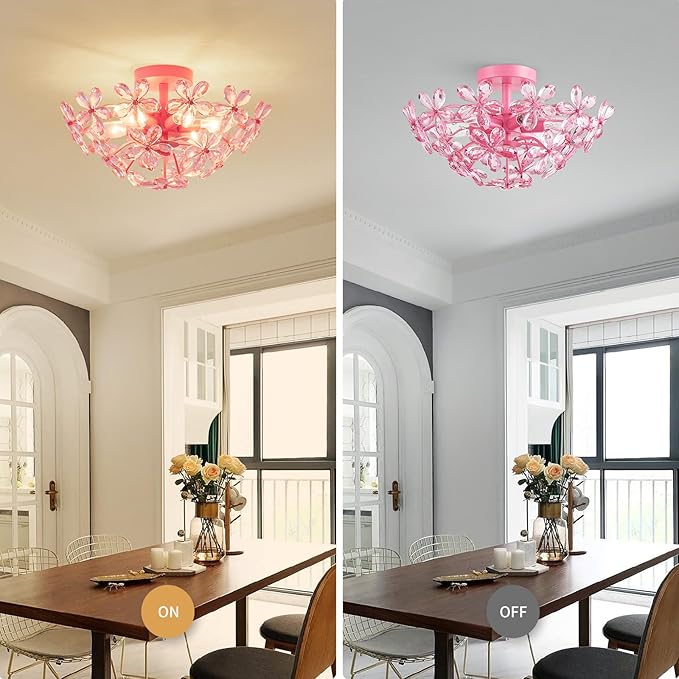 WUZUPS Crystal Chandelier Flushmount Ceiling Light Modern Lighting Fixture for Bedroom Hallway Bar Kitchen Bathroom, H 8.9" x W 17.7", Pink, E12 Base