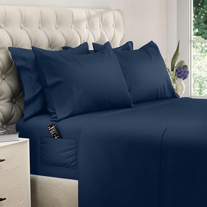 DREAMCARE King Size Sheets Set – 6 pcs Cooling Bed Sheets – up to 21” Deep Pocket King Sheet Set – 2500 Supreme Collection – Extra Soft 100% Brushed Microfiber Hotel Luxury with Side Pocket – N Blue