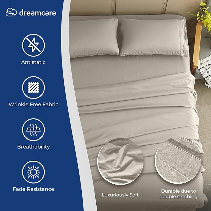 DREAMCARE Queen Size Sheets - Cooling Bed Sheets - 4pcs Set - up to 15" Deep Pocket Queen Sheet Set - Sheets Queen Size Bed - Soft & Long Lasting 100% Fine Brushed Polyester with Side Pocket - Ivory