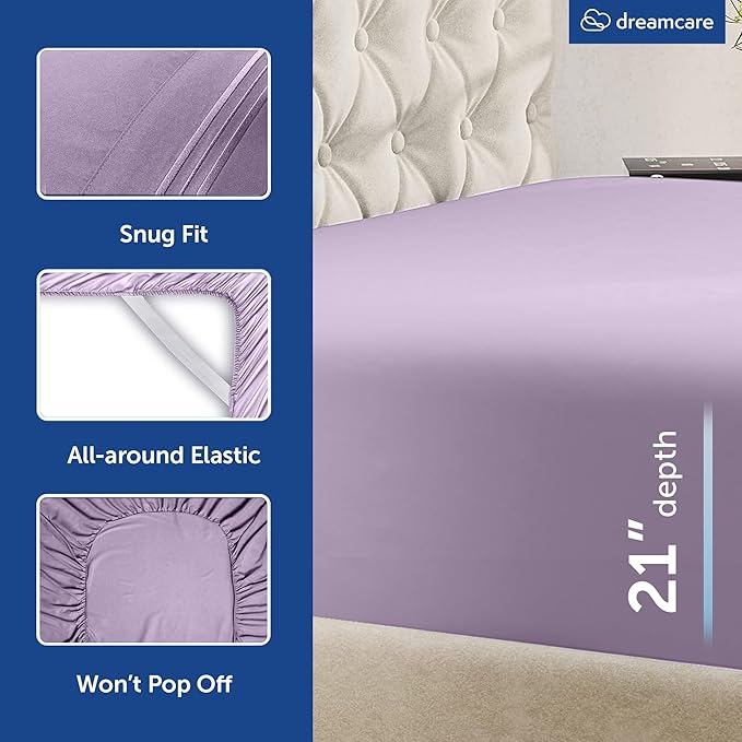 DREAMCARE King Size Sheets Set – 4 pcs Cooling Sheets – up to 21” Deep Pocket King Sheet Set – Hotel Luxury Sheets & Pillowcases – Superior Softness 100% Microfiber with Side Pocket - Lavender