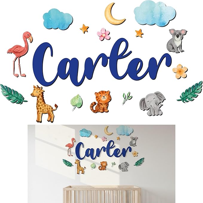 Custom Nursery Name Sign with Themed Decor Kit | Personalized Wooden Wall Art for Baby, Kids Room | Space, Jungle, Circus, Under The Sea, Woodland, Rainbow (40", Jungle/Safari)