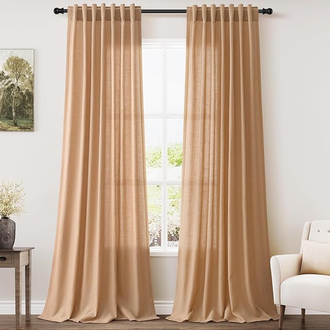 Camel Linen Curtains for Living Room 92 Inches Long Back Tab and Rod Pocket by Nanspring