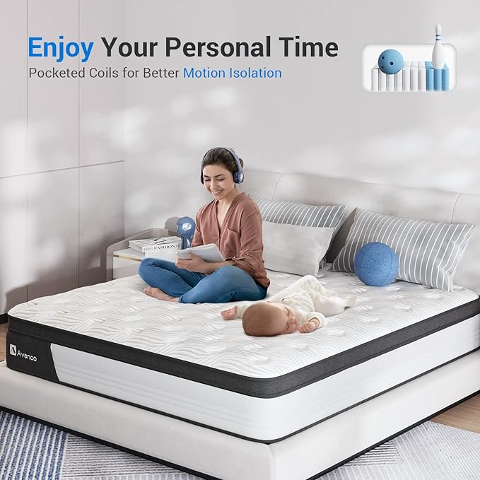 Avenco King Hybrid Mattress - 12 Inch, Medium Firm, Pocketed Springs & CertiPUR-US Foam, Breathable Fabric