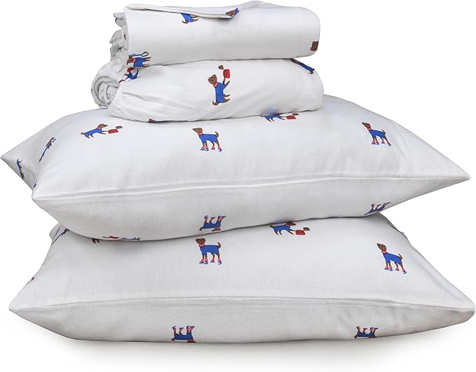 RUVANTI Flannel Sheets Queen Size - 100% Cotton Double Brushed Bed Sheets, Deep Pockets 16 Inches Queen Sheet Set, All Seasons Breathable & Extra Soft - Warm & Cozy, 4 Piece, Puppy Playoff