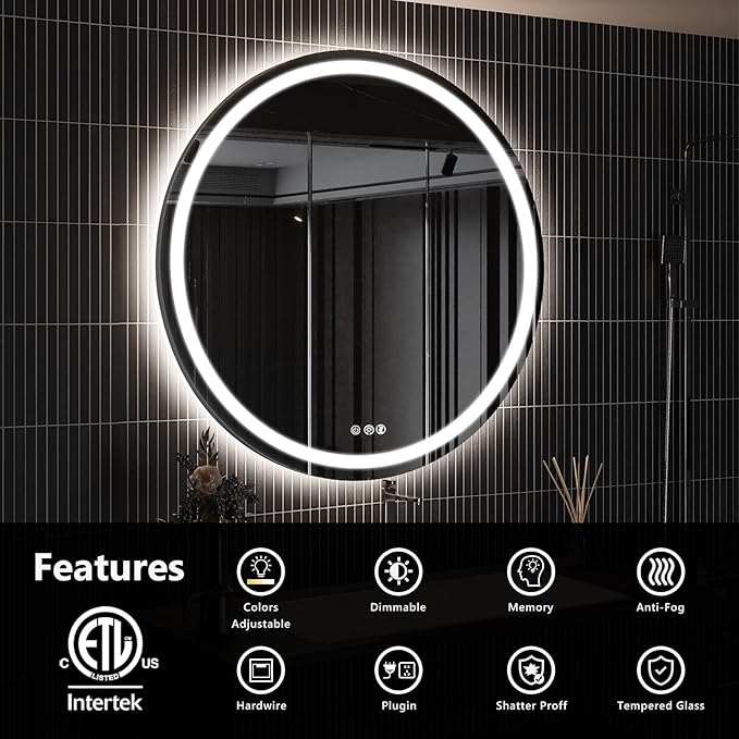 ROOMTEC 24 Inches LED Bathroom Mirror with Front and Backlit,Anti-Fog,3 Colors and Dimmable Light(ETL/UL Certification)