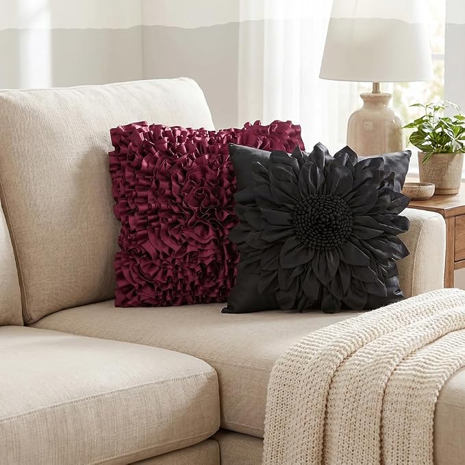 Black Accent 3D Flower Decorative Throw Pillow Covers - Image 6