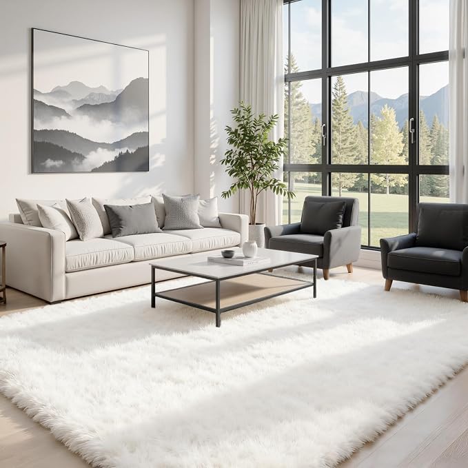 5x7 Fluffy Shag Area Rugs for Living Room Bedroom: Soft Plush Carpet White | - Image 4