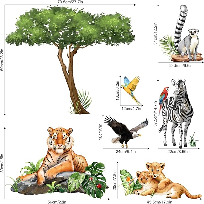 Jungle Safari Animal Wall Decals for Kids Room - Tiger Leopard Zebra Wildlife Wall Stickers Removable Vinyl Nursery Decor for Baby Toddlers Bedroom Classroom Playroom
