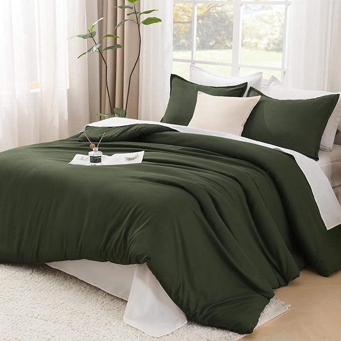 Litanika Dark Olive Green Comforter Set King, 3 Pieces Solid Bedding Comforter Set, All Season Fluffy Bed Set (104x90In Comforter & 2 Pillowcases)