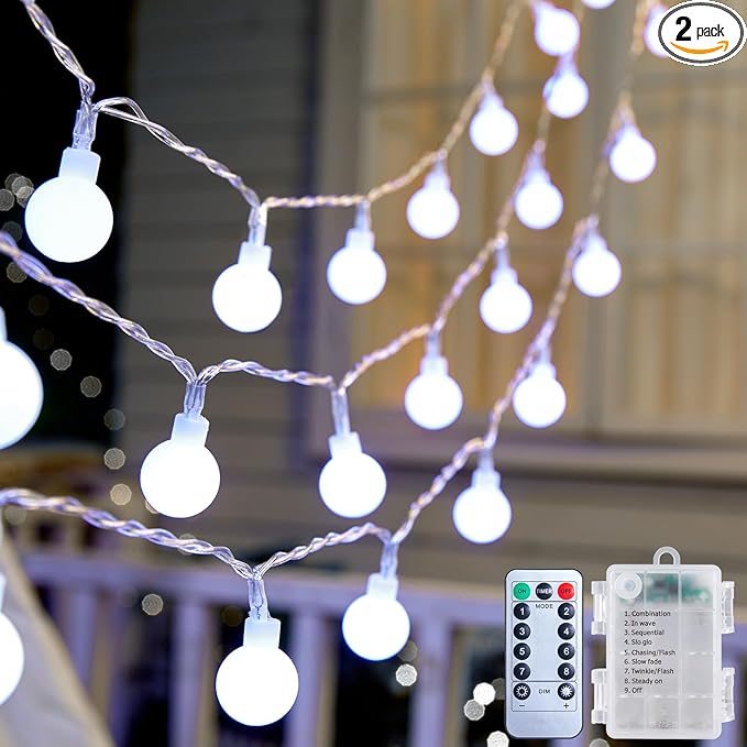 2 Pack Globe String Lights Battery Operated - 21 Feet 60 Led Fairy Lights, 8 Modes with Remote Mini Globe Lights for Indoor Outdoor Bedroom Party Wedding Garden Christmas Tree Decor, Pure White