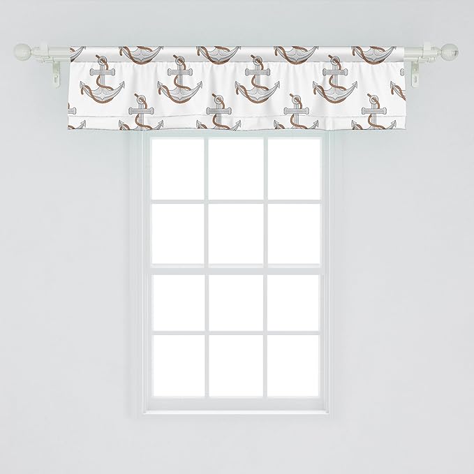 Ambesonne Vintage Nautical Tattoo Window Valance, Repetitive Anchor and Motif Maritime Pattern, Curtain Valance for Kitchen Bedroom Decor with Rod Pocket, 54" X 12", Pale Cinnamon Pale Grey