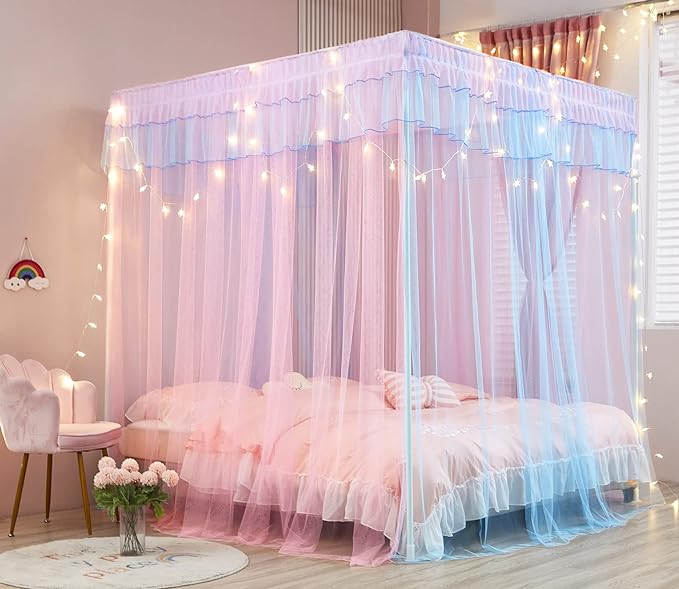 Mengersi Rainbow Canopy Bed Curtains with Lights -Bed Canopy for Girls - Bed Drapes Netting- Bedroom Decoration Accessories,California King