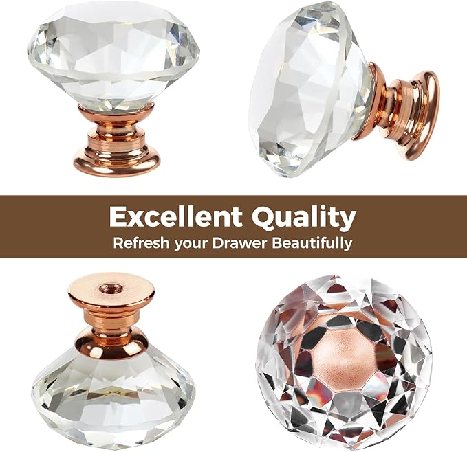 DEELF 12 Packs Kitchen Cabinet Knobs, 30 mm Crystal Cabinet Knobs, Diamond Dresser Handle Drawer Pulls, Dresser Knobs for Cabinets and Drawers, Rose Gold Base