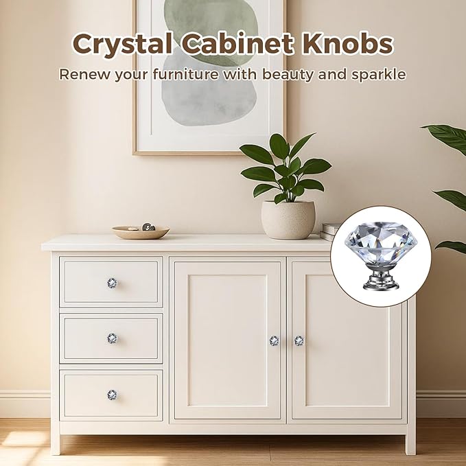 DEELF 12 Packs Kitchen Cabinet Knobs, 40 mm Crystal Cabinet Knobs, Diamond Dresser Handle Drawer Pulls, Dresser Knobs for Cabinets and Drawers, Silver Base