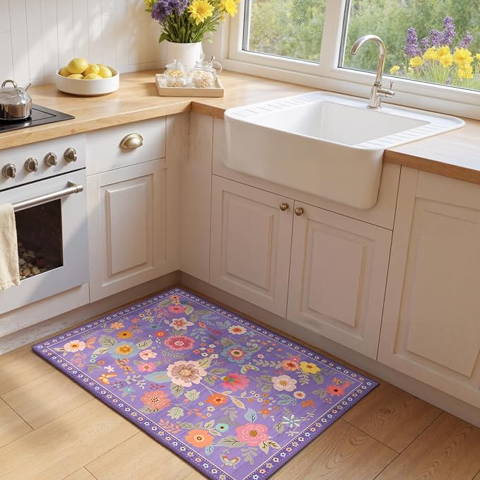 RELEANY Floral Washable 2x3 Area Rugsk Doormat Purple/Pin | Flower Carpet Print - Image 3