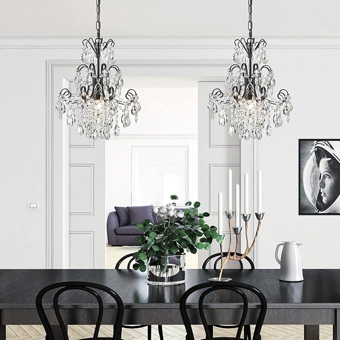WUZUPS Crystal Chandelier 1-Light Pendant Ceiling Light Modern Lighting Fixture for Bedroom Hallway Bar Kitchen Bathroom, H 15.7" x W 13.8", E12 Base, Black