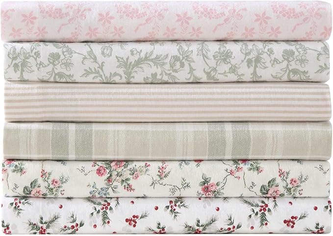 Laura Ashley - Flannel Sheets Queen Size, Anti-Pilling & Wrinkle Resistant Cotton, Touchably Soft for All-Season Comfort - Bed Sheets with Matching Pillowcases & Fitted Sheet (Antoinette Pink)