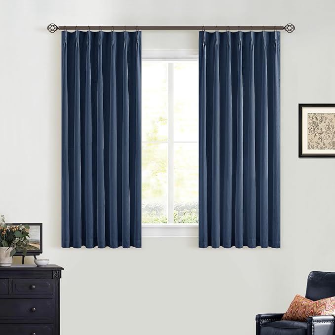 Navy Blue Pinch Pleat 100% Blackout Linen Curtains 2 Layers 45 Inch Long | - Image 7