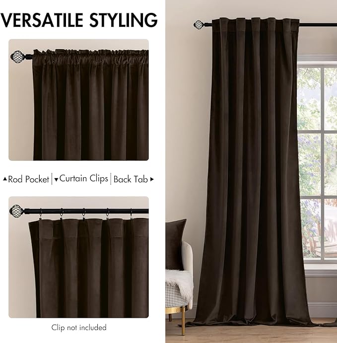 MIULEE Velvet Curtains 52x90 inches Chocolate Brown Blackout Curtains | Luxury - Image 2