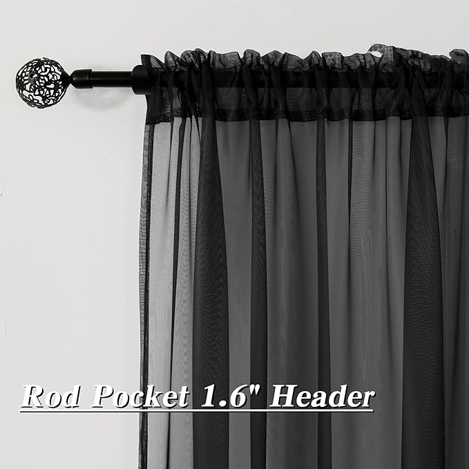 HUTO Black Sheer Curtains 45 Inch Length for Small Window Rod Pocket Sheer Drapes Panels for Kitchen Bathroom,2 Panels 52 by 45 Inches Long