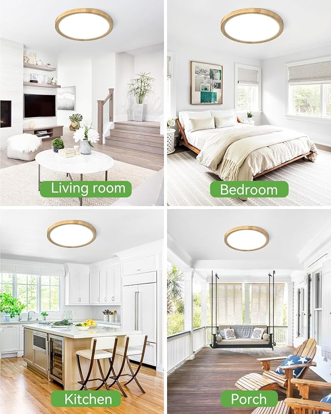 zemty 12Inch Wood-Look Ceiling Light, 28W 3200lm LED Flush Mount Ceiling Light with 3 Color Temperature 3000K/4500K/6000K - Round Flat Light Fixture for Kitchen Bathroom Livingroom，1Pack