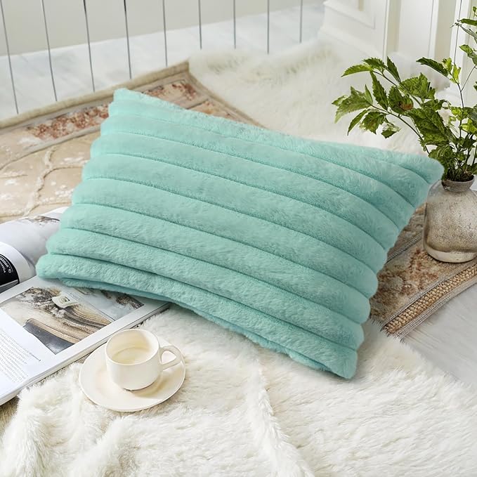 decorUhome Fall Faux Fur Throw Pillow Covers 12x20 Set of 2 Aqua | Decorative - Image 4