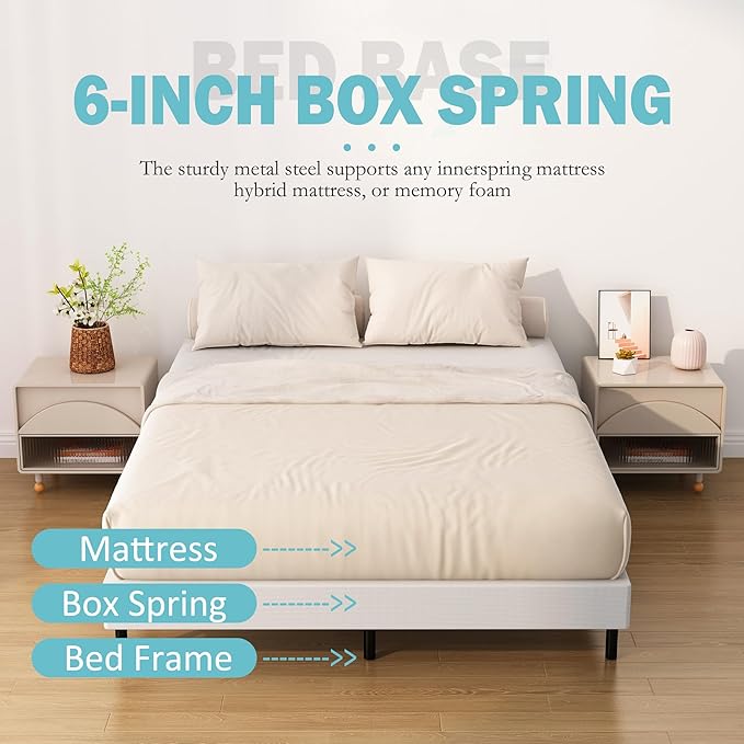 King Box Spring Bed Base 6 Inch, Low Profile Metal Box Spring King with Fabric Cover, 3000 Lbs Max Weight Capacity Mattress Foundation, Noise-Free, Easy Assembly
