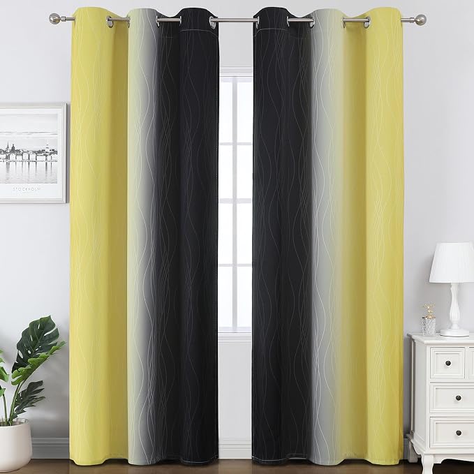 Black and Yellow Ombre Blackout Curtains 84 Inches Long | Room Darkening - Image 2