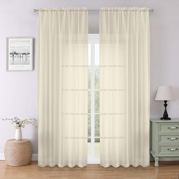 Cream Sheer Curtains for Bedroom 90 Inches Long 2 Pcs, Rod Pockets Window by Lecloud