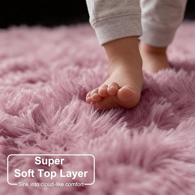 Amdrebio Mauve Pink Round Fluffy Rug 4Ft - Image 4