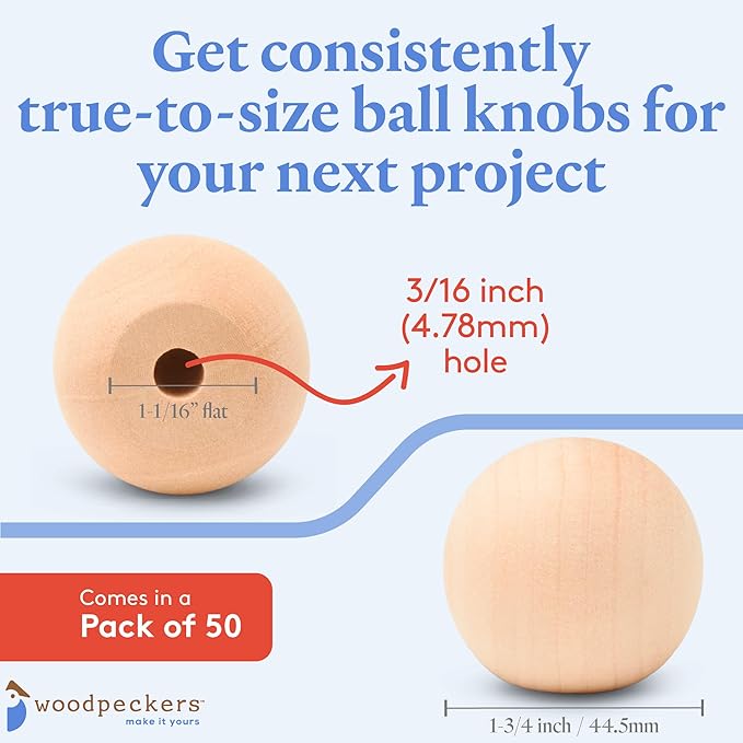 Wood Knobs, 1-3/4 Inch Round Natural Wood Drawer Pulls, Pack of 50 Unfinished Wooden Drawer Knobs, Ball Shaped Wood Cabinet Knobs, Nursery Dresser Knobs, Wood Door Knobs and Crafts