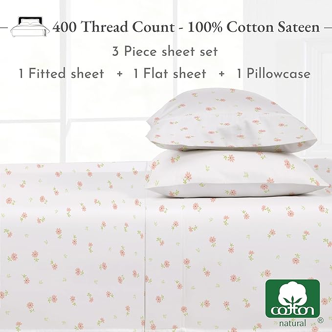 California Design Den Deep Pocket Twin Sheets Set - 400 Thread Count Sateen, Natural 100% Cotton Sheets, Cooling and Durable Bedding Set - Soft Floral