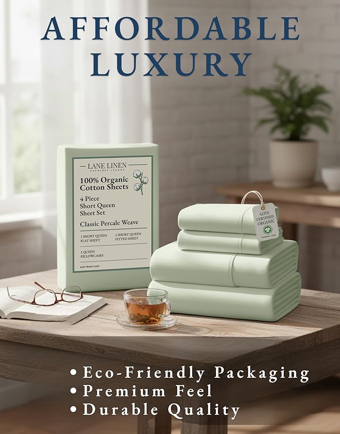 LANE LINEN 100% Organic Cotton Queen Sheet Set, 4Pc Cotton Sheets Queen Size Bed Set, Soft & Breathable Percale Weave, Deep Pocket Queen Sheets, Hotel-Quality Bed Sheets Queen Size - Mineral