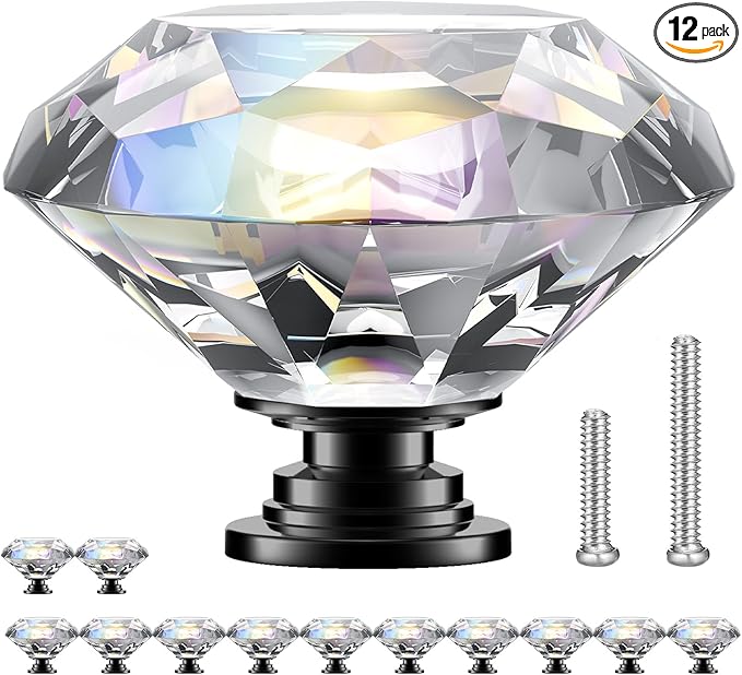 POZEAN Crystal Cabinet Knobs 12Pack, 1.57inch Dresser Knobs for Cabinet, Drawer with Two Different Sizes Screws, Diamond Glass Pulls Handles (40mm, 12Pack, Clear-Black)