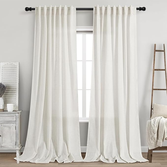 Beige White Linen Curtains 96 Inches Long 2 Panels Set by Nanspring