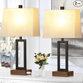 Table Lamps Set of 2 with 2 USB Ports and AC Power Outlet, Modern Bedside Lamp, Wood Nightstand Lamp with Linen Shade for Living Room Bedroom End Table Hotel Desk(LED Bulb Included)