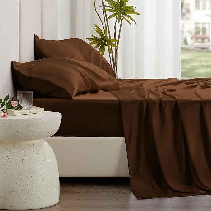 Love's cabin Full Size Satin Sheet Sets - 4 Piece Brown Silky Satin Sheet Set Full with Deep Pocket, Luxury Silk Feel Satin Bed Sheets Full Bedding Set (1 Flat Sheet,1 Fitted Sheet,2 Pillow Cases)