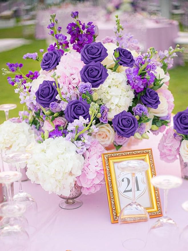 MACTING 60PCS Artificial Rose Flowers Real Touch Foam Flowers with Stem Fake Purple Roses for DIY Wedding Bouquet Table Centerpieces Party Holiday Home Indoor Outdoor Spring Mothers Day Decorations