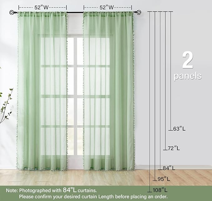 Treatmentex Pompom Sheer Green Curtains for Bedroom 72" Length Nursery Room Slub Textured Window Curtain Drapes for School Kindergarten 52" w x 2 Pack Rod Pocket, Sage Green