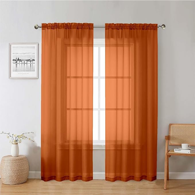 Orange Sheer Curtains 78 Inches Long 2 Panels, Light Filtering Voile Airy by Lecloud