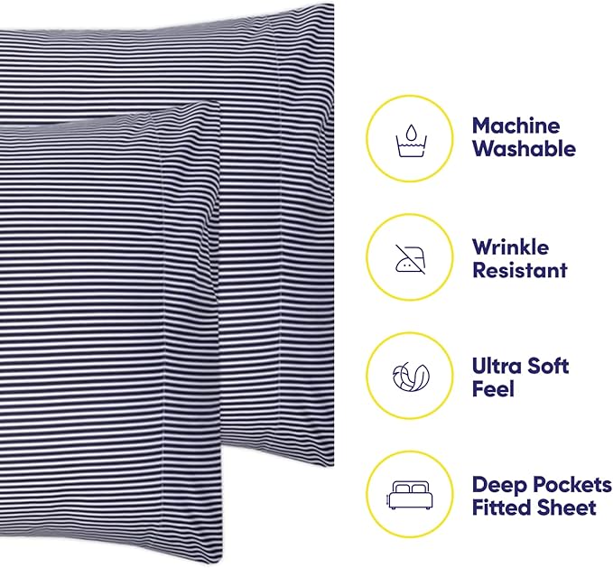 Queen Sheets Stripe Navy - 6 Piece 1500 Supreme Collection Fine Brushed Microfiber Deep Pocket Queen Sheet Set Bedding - 2 Extra Pillow Cases, Great Value, Queen, Classic Stripe Navy