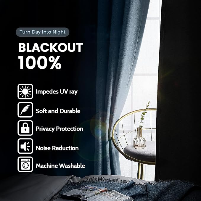 SimpleHome Stone Blue 100% Blackout Curtains Room Darkening Living Room 90L | - Image 3