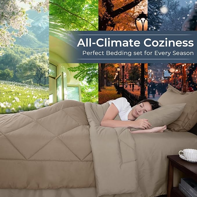 HEVUMYI Khaki & Linen Twin Comforter Set - 5-Piece All Season Bed in a Bag Twin, Ultra Soft Bedding Set with Comforter, Flat Sheet, Fitted Sheet, Pillowcases, Pillow Shams
