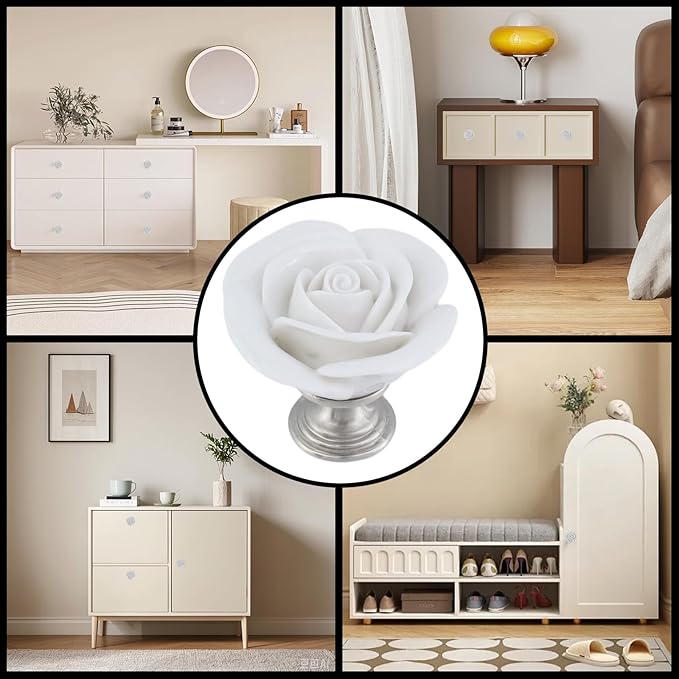 8PCS 1.65" × 1.54" White Rose with Base Knobs Ceramics Flower Shaped Pulls for Cupboard Drawer, with 2 Kinds of Screws