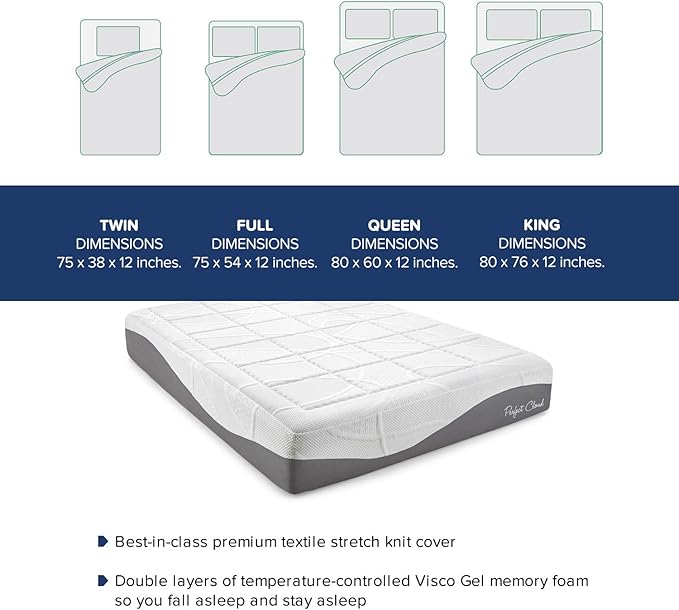 Perfect Cloud Made in The USA Elegance Plush Gel-Infused 12-inch Memory Foam Mattress - Pressure Relieving - Bed-in-a-Box (Queen)