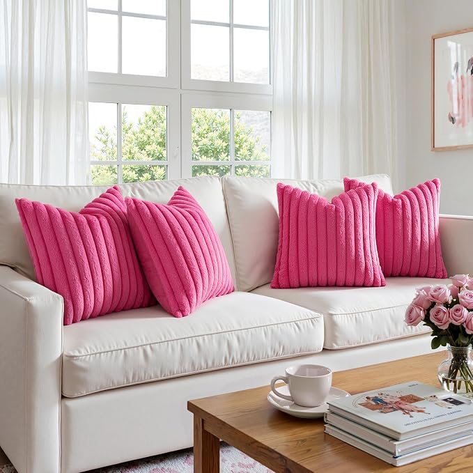 MIULEE Faux Fur Plush Decorative Throw Pillow Covers 18x18, Hot Pink | Set of 4 - Image 2