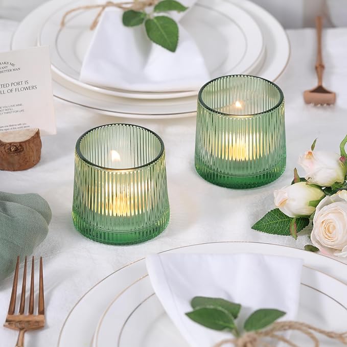 DARJEN Green Ribbed Tealight Votive Candle Holders- 6Pack Glass Candle Holders for Table Centerpiece, Wedding Decor, Home Decor, Party Dinner