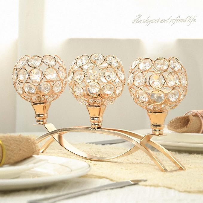 Crystal Tealight Candle Holder Centerpiece Home Decorative Candlestick Holder Elegant Table Centerpiece Home Decor Wedding Party Anniversary (Gold, 3 Arm)