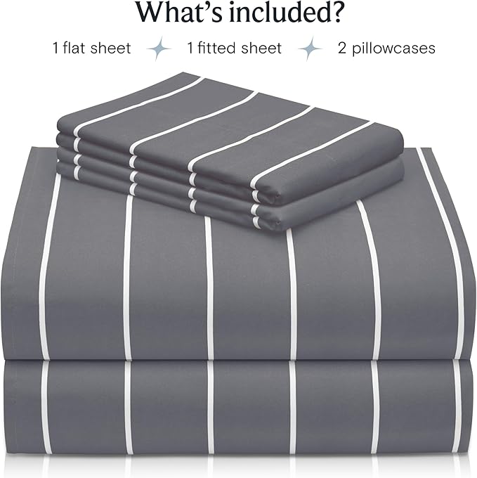 LuxClub 4 PC Full Size Sheet Set Bed Sheets, Breathable Luxury Deep Pockets Wrinkle Free Cooling Sheets Machine Washable Hotel Bedding (Full, Striped Light Grey)