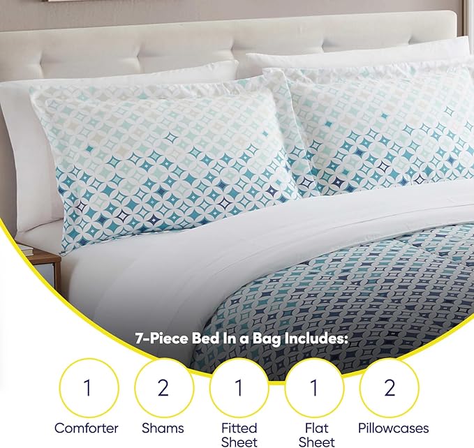 Sweet Home Collection 7 Piece Comforter Set Bag Solid Color All Season Soft Down Alternative Blanket & Luxurious Microfiber Bed Sheets, Genova, Queen